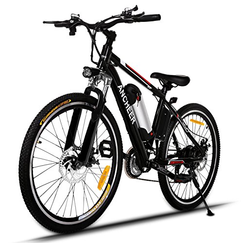 Ancheer Bicicletta Elettrica Bici da Montagna con Batteria al Litio da 26 Pollici 36V 250W 21 Velocità Sospensione Premium e Cambio Shimano 26'' Nero