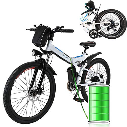 Profun Bici Elettriche Mountain Bike 26 Pollici, Bicicletta da Montagna 36 V/250 W, Sistema di Trasmissione Elettrica 21 velocità, Sospensione Completa e Cambio Shimano (Nero - Pieghevole)