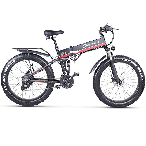 sheng milo 26 Pollici Fat Tire Electric Bike 1000W 48V Snow E-Bike Shimano 21 velocità Beach Cruiser Mens Women Mountain e-Bike Pedal Assist, Batteria al Litio Freni a Disco Idraulici (Rosso)