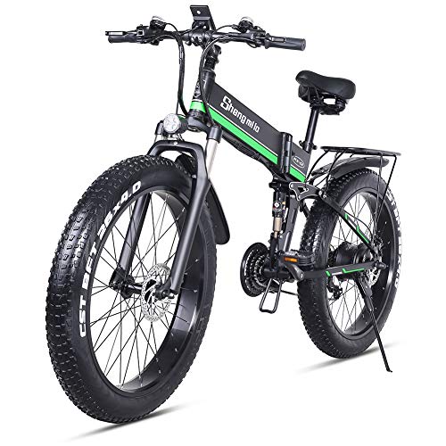 sheng milo 26 Pollici Fat Tire Electric Bike 1000W 48V Snow E-Bike Shimano 21 velocità Beach Cruiser Mens Women Mountain e-Bike Pedal Assist, Batteria al Litio Freni a Disco Idraulici (Verde)