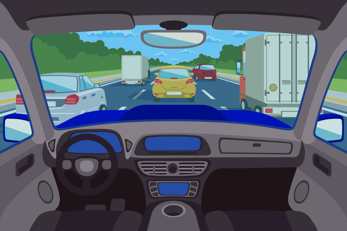 Highway, road viewed inside automobile. Vector illustration