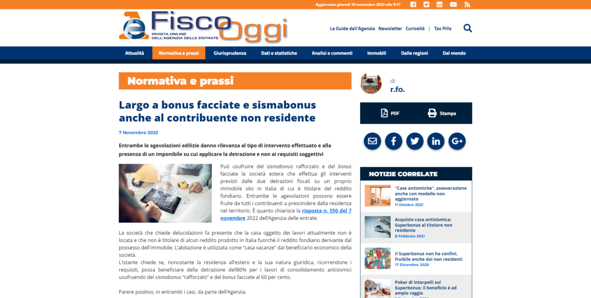 Bonus facciate e sismabonus ai non residenti in Italia: chiarimenti dal Fisco - Lavoro e Diritti